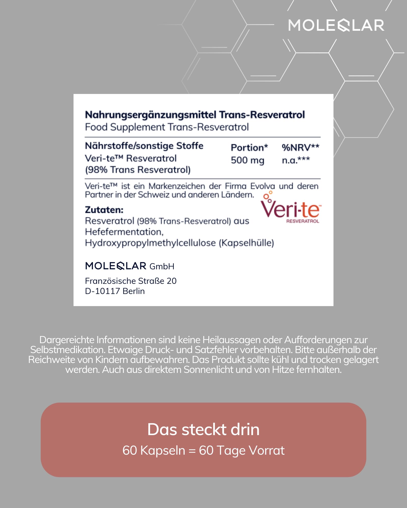 MoleQlar Resveratrol Kapseln 60 Stück - Nahrungsergänzungsmittel aus innovativer Hefefermentation - 500mg Resveratrol pro Kapsel - über 98% Reinheit - Veri-te Markenrohstoff
