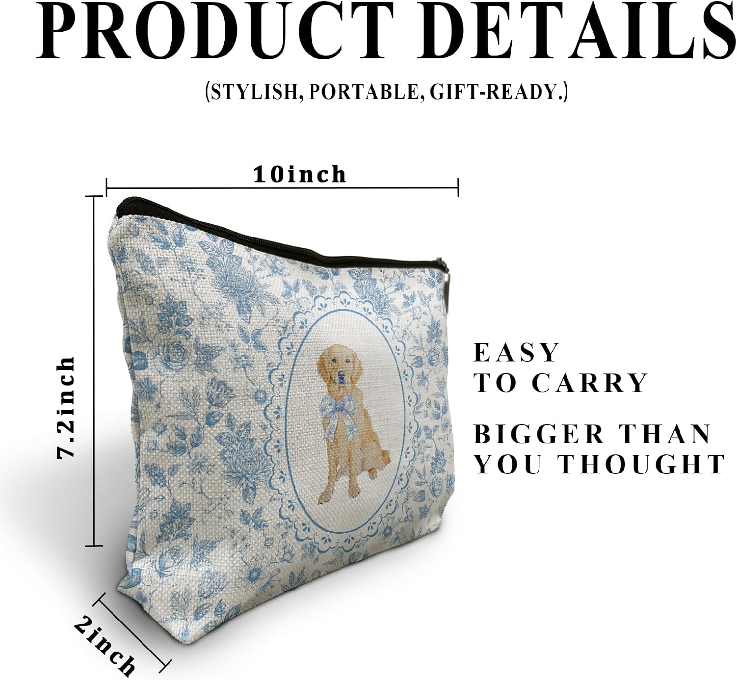 Chinoiserie Golden Retriever Makeup Bag, Blue and White Floral Golden Retriever Cosmetic Bags for Women, Preppy Bow Grandmillennial Botanical Dog Makeup Zipper Pouch - Image 6