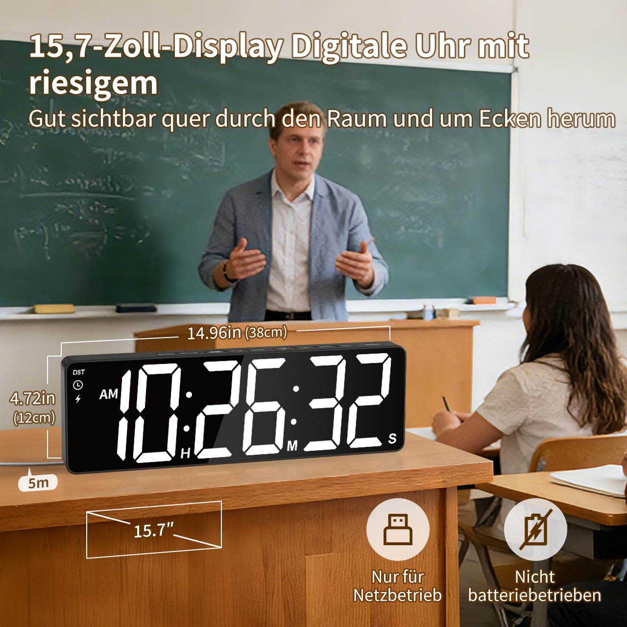 15,7" Digitaler Wandtimer, 99h Countdown/Count-up, RGB, Fernbedienung