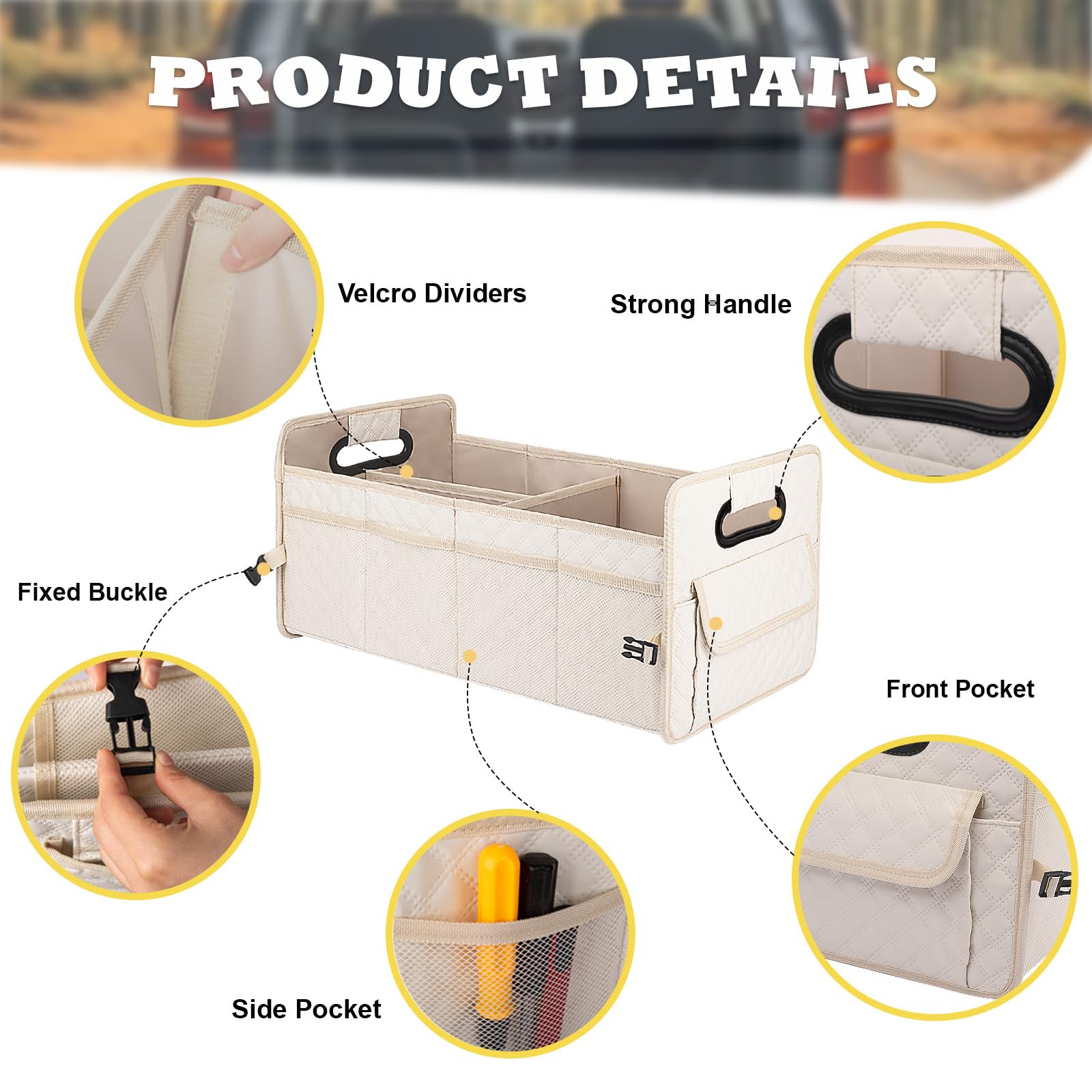 JiatuA Car Trunk Organizer for SUV, Car Storage Organizer Collapsible Multi Compartment Container Box Adjustable Car Accessories for Women Men, Beige