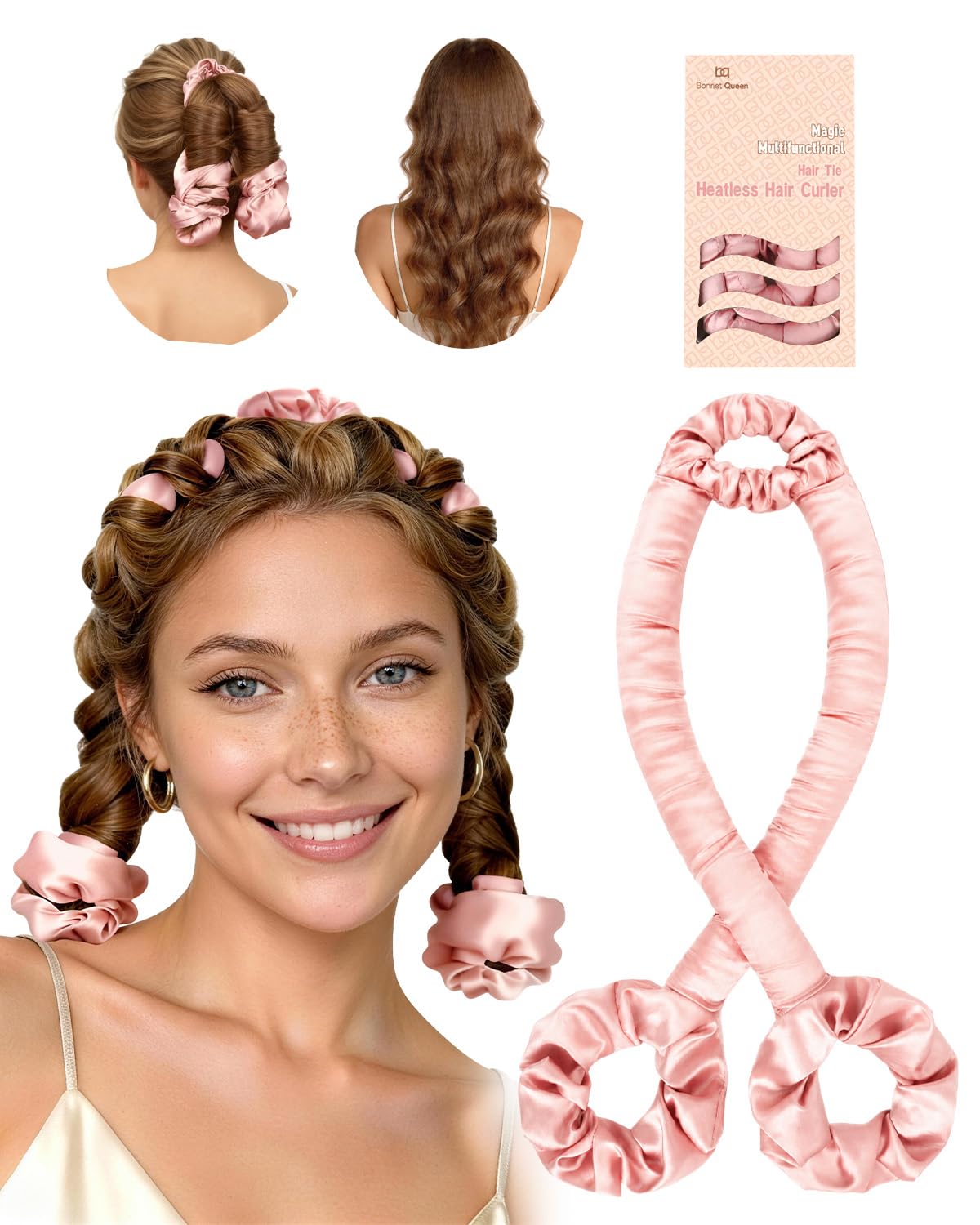 BONNET QUEEN Heatless Hair Curler for Heatless Curls Overnight, All-in-One Sleepy Tie Satin Curling Rod, Hair Curlers to Sleep In, Overnight Blowout Rods, Hair Rollers for Women Long Hair, Cream Pink