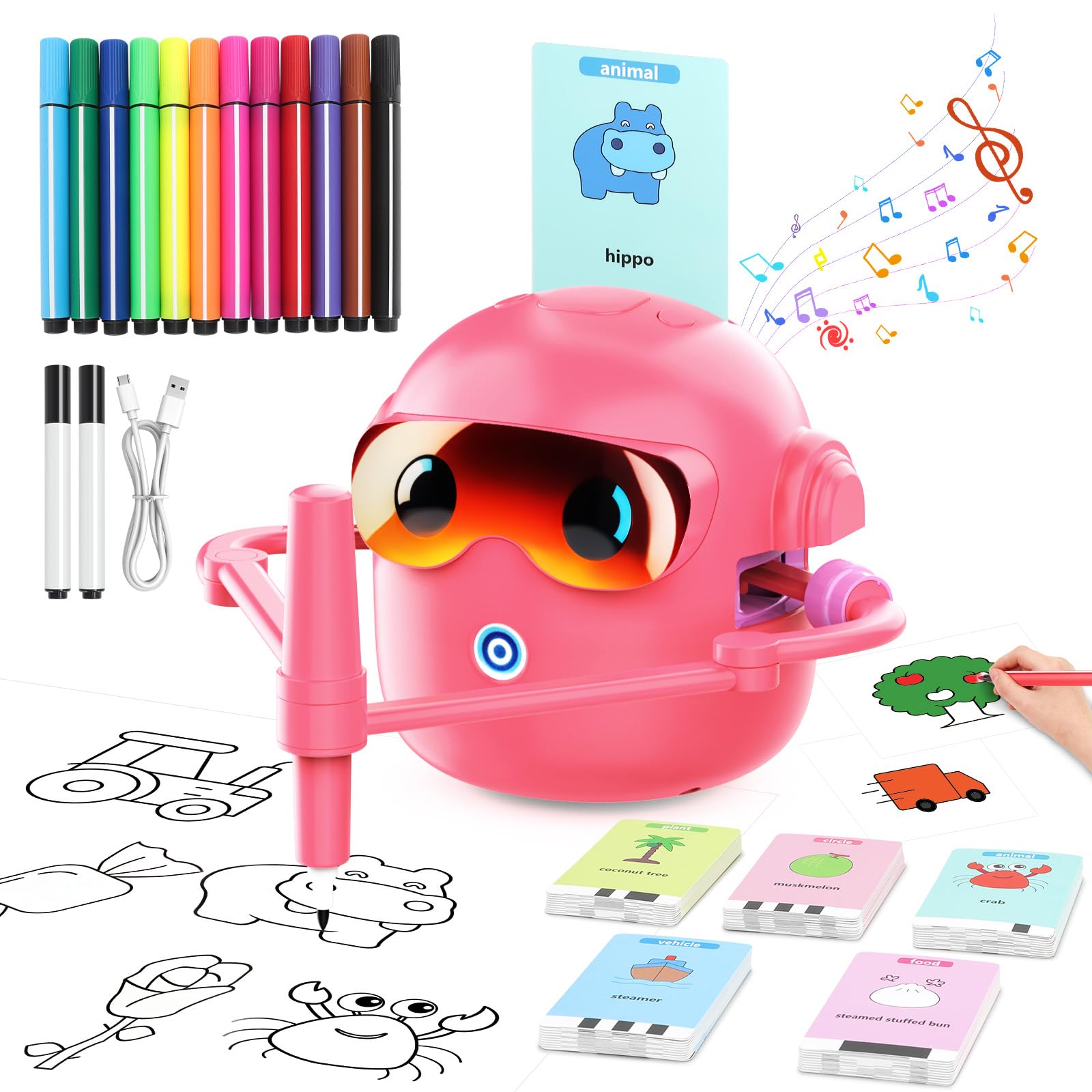 HUIJUTCHEN Drawing Robot for Boys Girls, Educational Drawing Machine Voice Interaction Draw Learning Machine with 100 Word Cards & 12 Color Pens Present for Boys Girls Birthday Christmas (Rose)