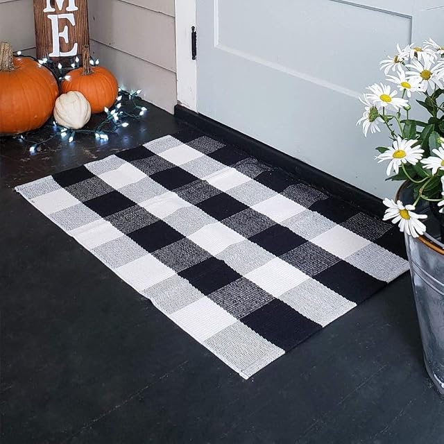 Cotton Buffalo Plaid Rugs Black and White Checkered Rug Door Mat Rags for Kitchen Carpet Bathroom Outdoor Porch Laundry Living Room Braided Throw Area Mats Washable Woven Buffalo Check (60*90cm)