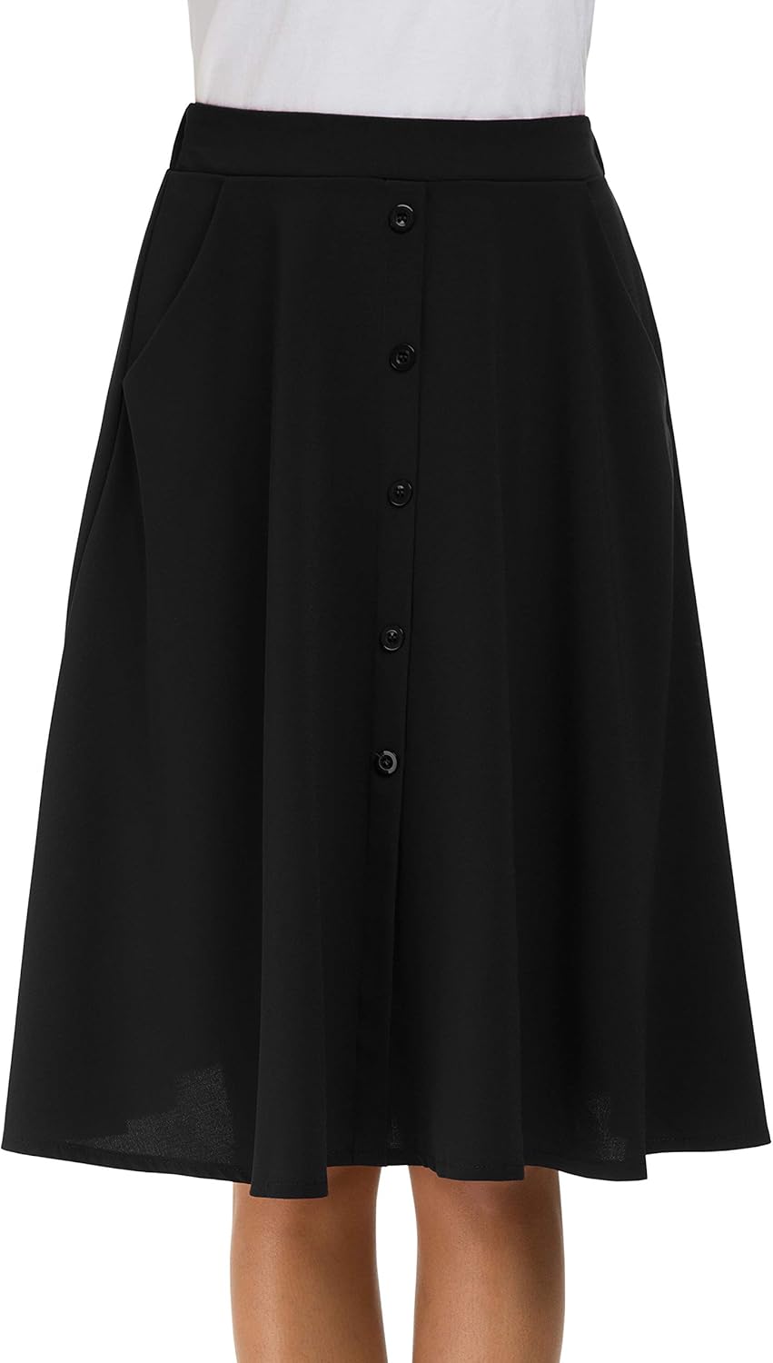Afibi Womens High Waisted A Line Pleated Midi Skirt Button Front Skirts with Pocket - Image 2