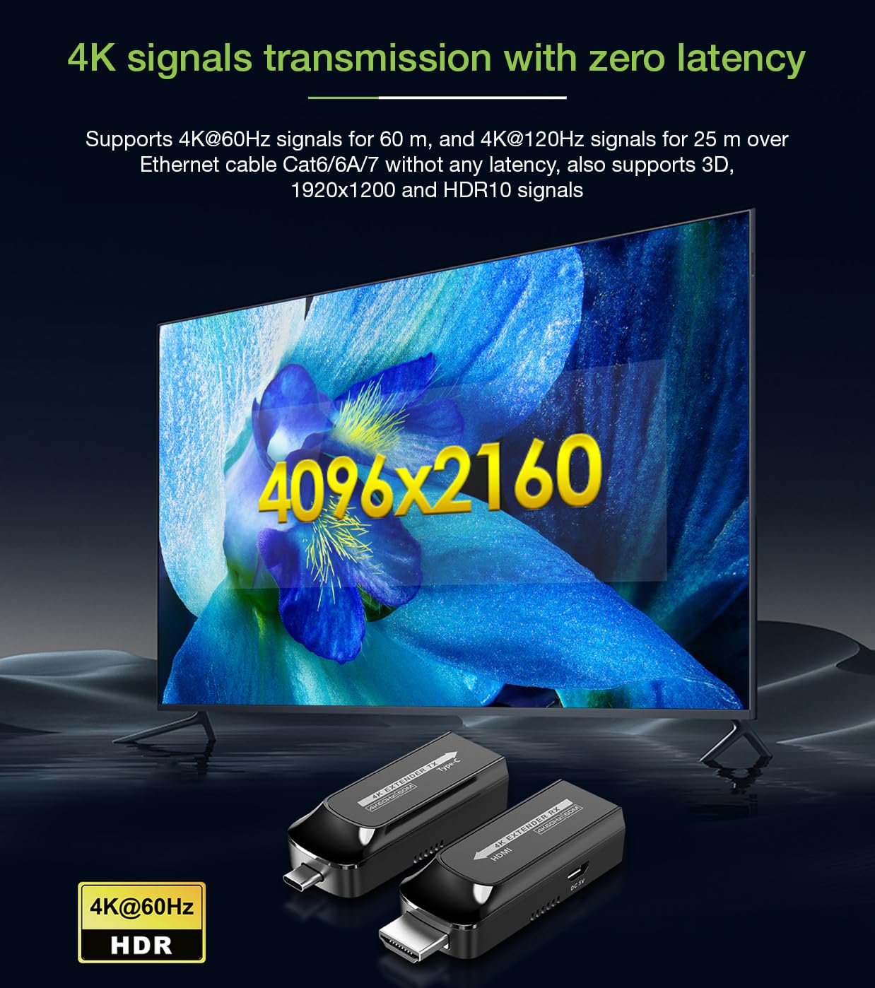 TECHLY 367799 Extender USB-C™ na HDMI 4K@120Hz na Kabel Cat.6/6A/7 Do 60 Metrów Czarny
