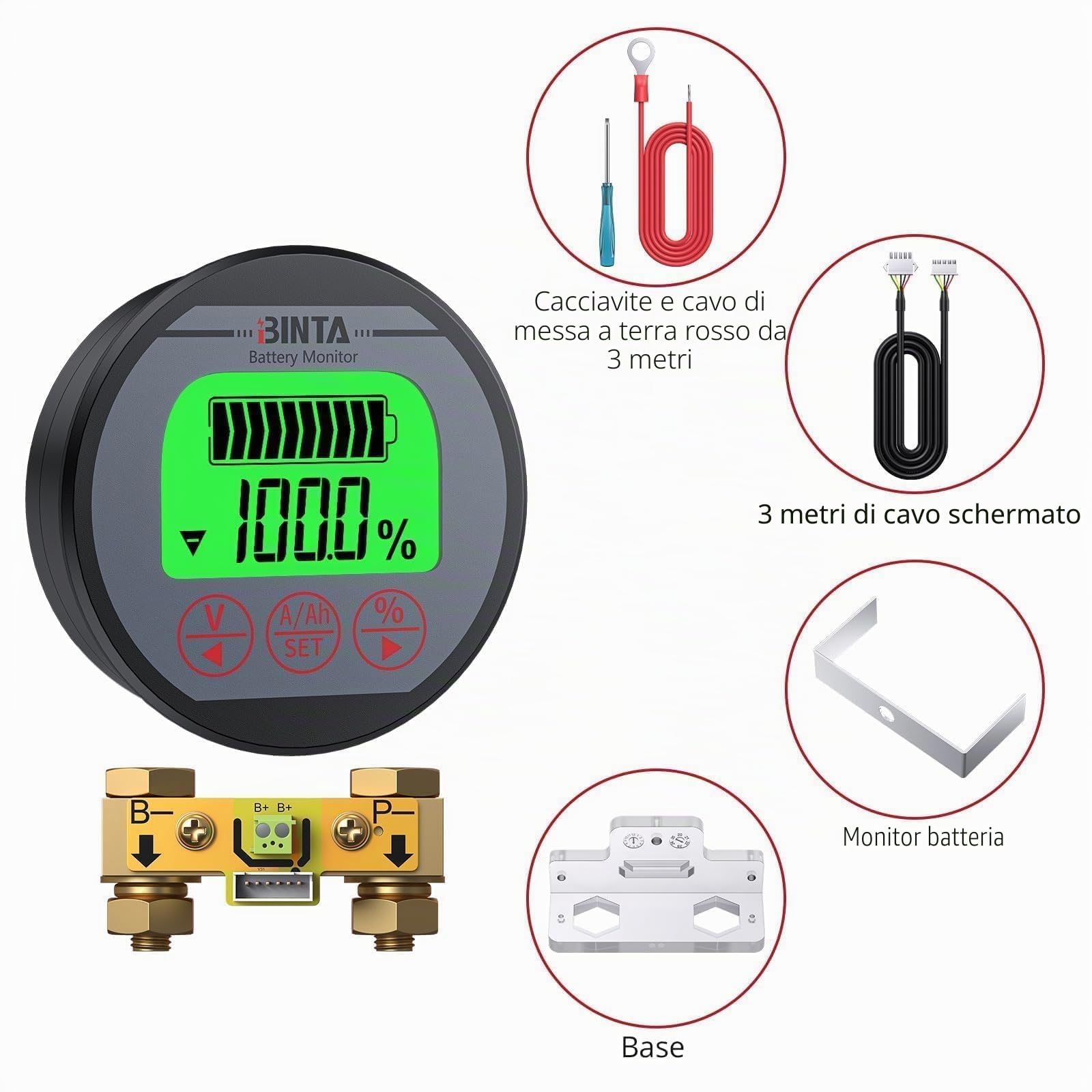 BINTA Monitor Batteria,Retroilluminato Indicatore di Livello della Batteria 8-120V 500A Tensione Impermeabile per Camper/RV/Auto/Barche/Solare con 3m Cavo Schermato,linea Positiva