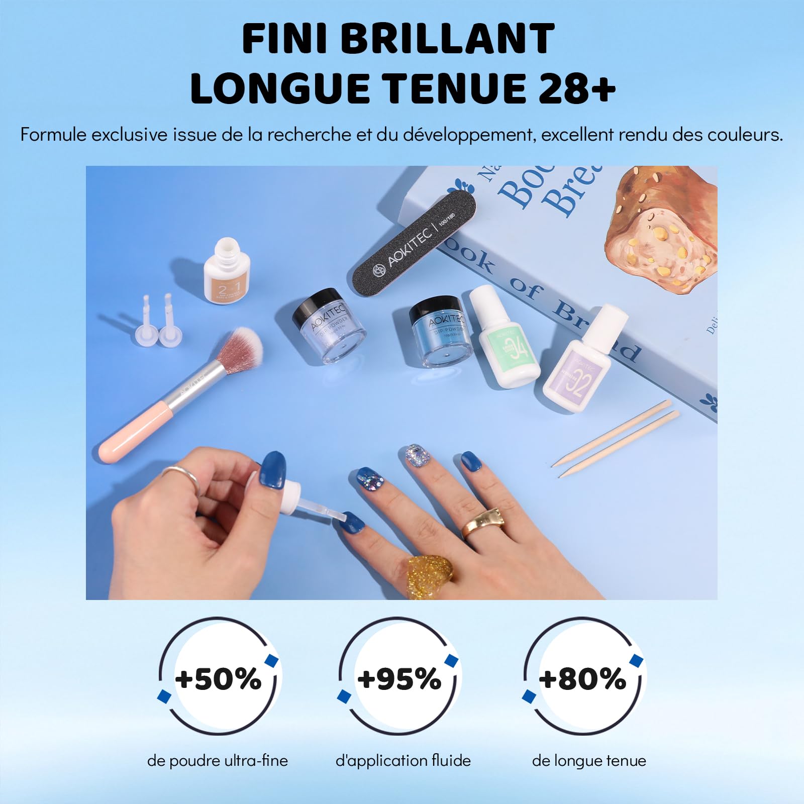 Aokitec Kit de poudre de trempage pour ongles – Poudre à ongles bleue et scintillante avec liquide de trempage pour ongles, kit d'ongles en acrylique pour nail art, facile à transporter et à utiliser