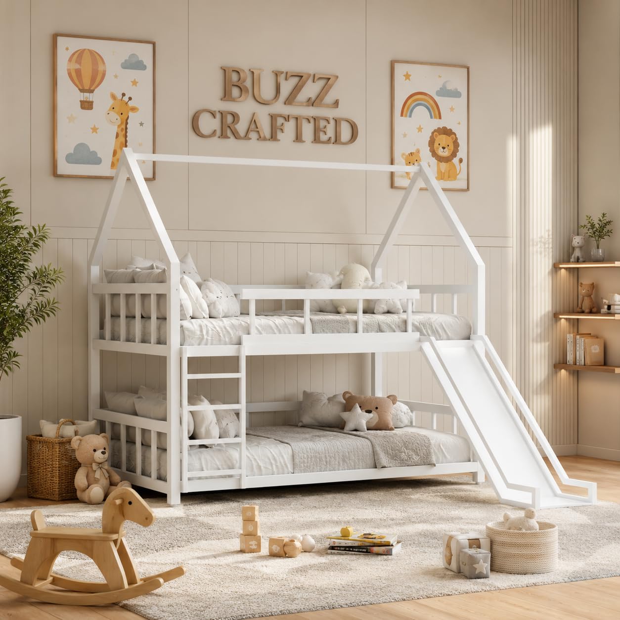 Kids Metal House Bunk Bed with Slide | Heavy Duty Metal Bunk Bed | Loft Bed for Boys & Girls | House Bed Frame | Kids Bed with Ladder | Safety Guard Rails | Space Saving Bedroom Furniture | White-image-7