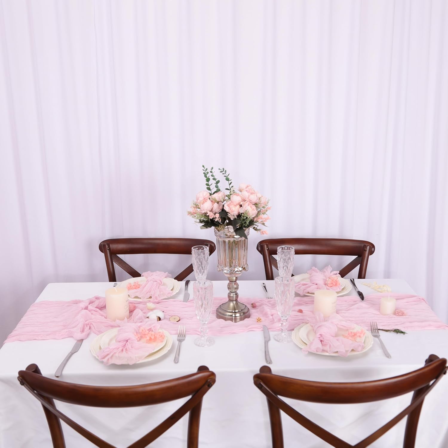 3PC Light Pink Cheesecloth Table Runner Boho Gauze Chiffon 120 Inch 10FT Table Runner for Wedding Decorations