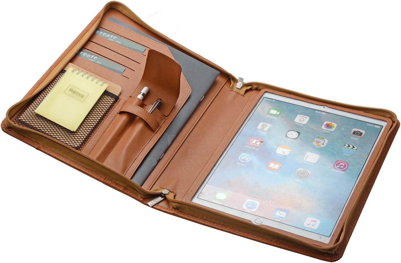 iPad Pro Leather Portfolio Case with Pen Case, Designer Zipper Organizer Padfolio for 12.9 inch iPad Pro, Brown