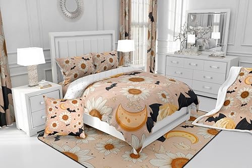 Miniatura 7 de Erosebridal Groovy Daisy - Juego de ropa de cama tamaño Queen para niñas y mujeres, juego de edredón floral retro con flores de luna y estrellas,