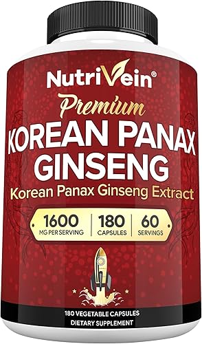 Nutrivein Panax Ginseng rojo coreano puro, 1600 mg - 120 cápsulas veganas - 5% ginsenósidos de alta resistencia - Extracto de raíz de ginseng en