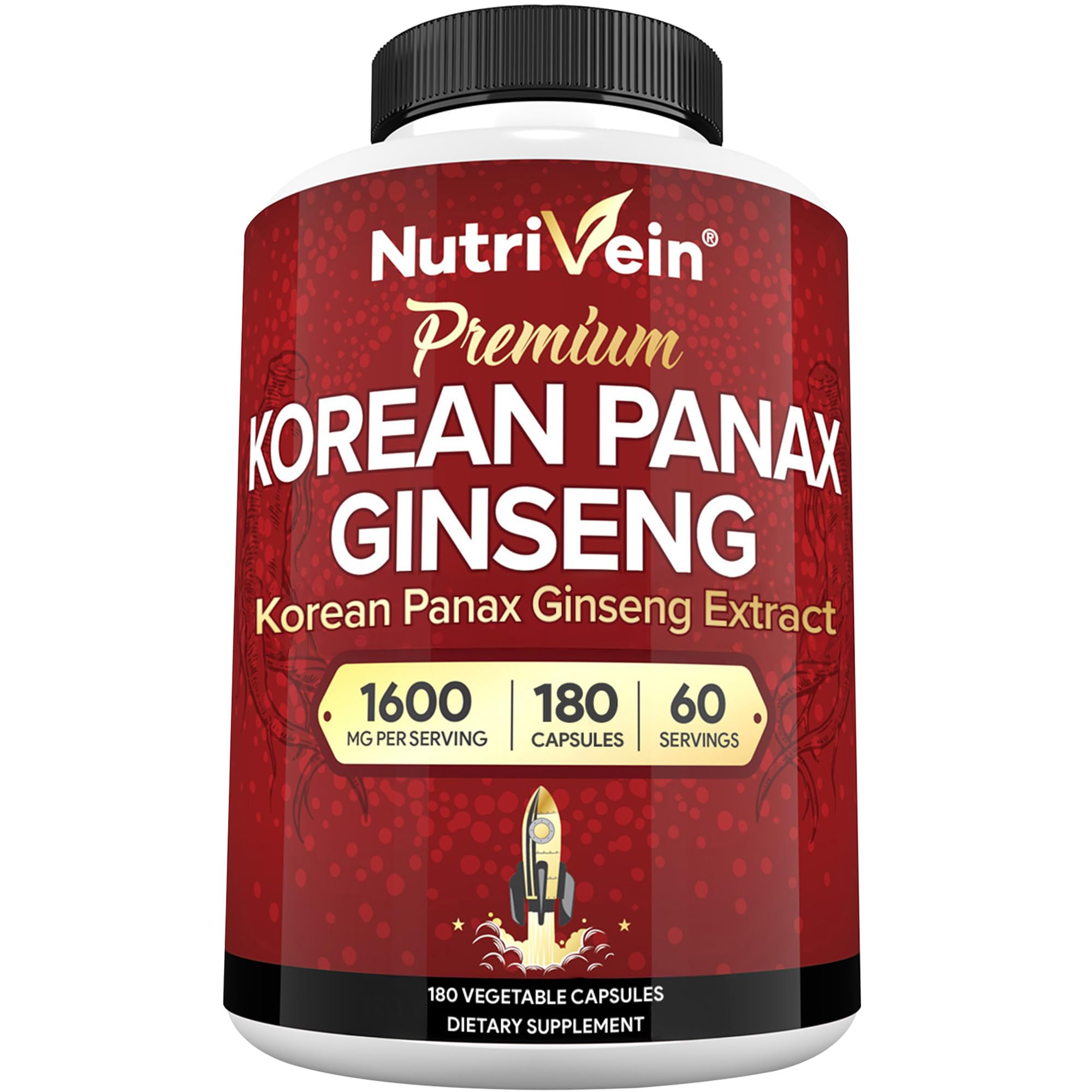 Korean Red Panax Ginseng 1600mg – Extra Strength Formula – 180 Capsules – Boost Energy, Mental Focus & Immune Health Naturally