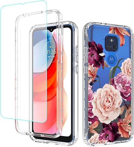 Funda para Moto G Play 2021, XT2093DL con protector de pantalla de vidrio templado, cuerpo completo, diseño floral a prueba de golpes, funda