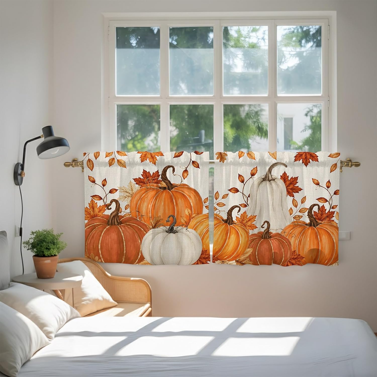 Orange Pumpkins Fall Tier Curtains 24 Inch Length, Autumn Maple Leaves Cafe Short Curtains for Bathroom Over Sink,Thanksgiving Harvest Small Kitchen Curtain Light Filtering Drapes 2 Panels 27.5"Wx24"L