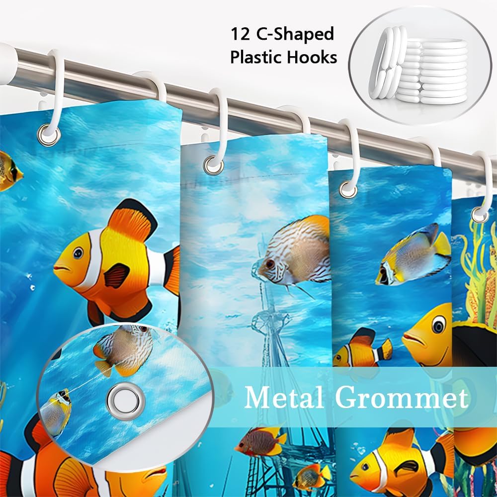 Ocean Underwater World Shower Curtain Colorful Fish Shower Curtain Sea Tropical Fishes Turtle Coral in The Deep Sea Blue Ocean Polyester Fabric Bathroom Decorative Curtain 70 x 70 inches