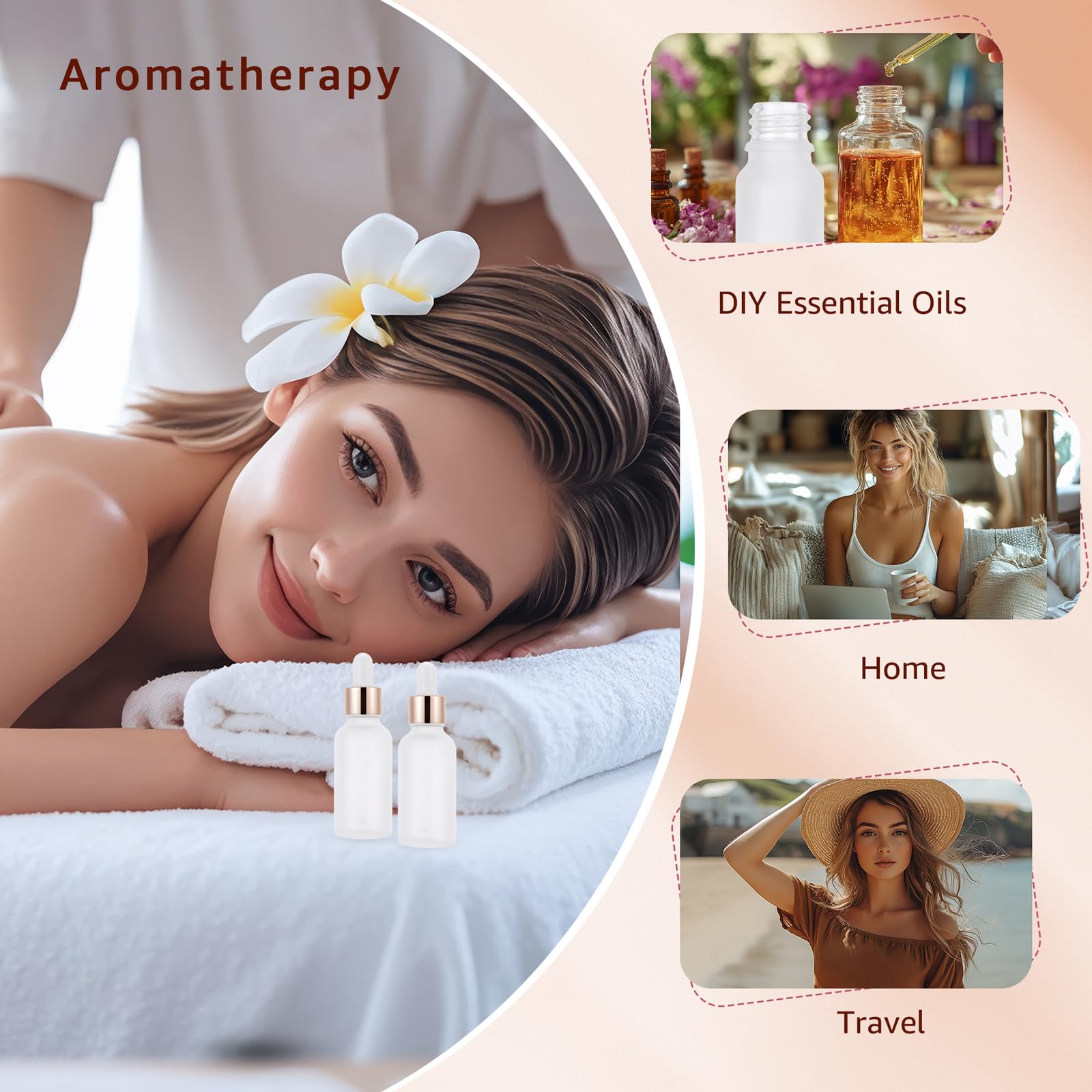 Paquete de 30 frascos cuentagotas de vidrio esmerilado de 30 ml para aceites esenciales, botellas cuentagotas de ojos de 1 onza con tapas de oro rosa para viajes, pequeños frascos de tintura de