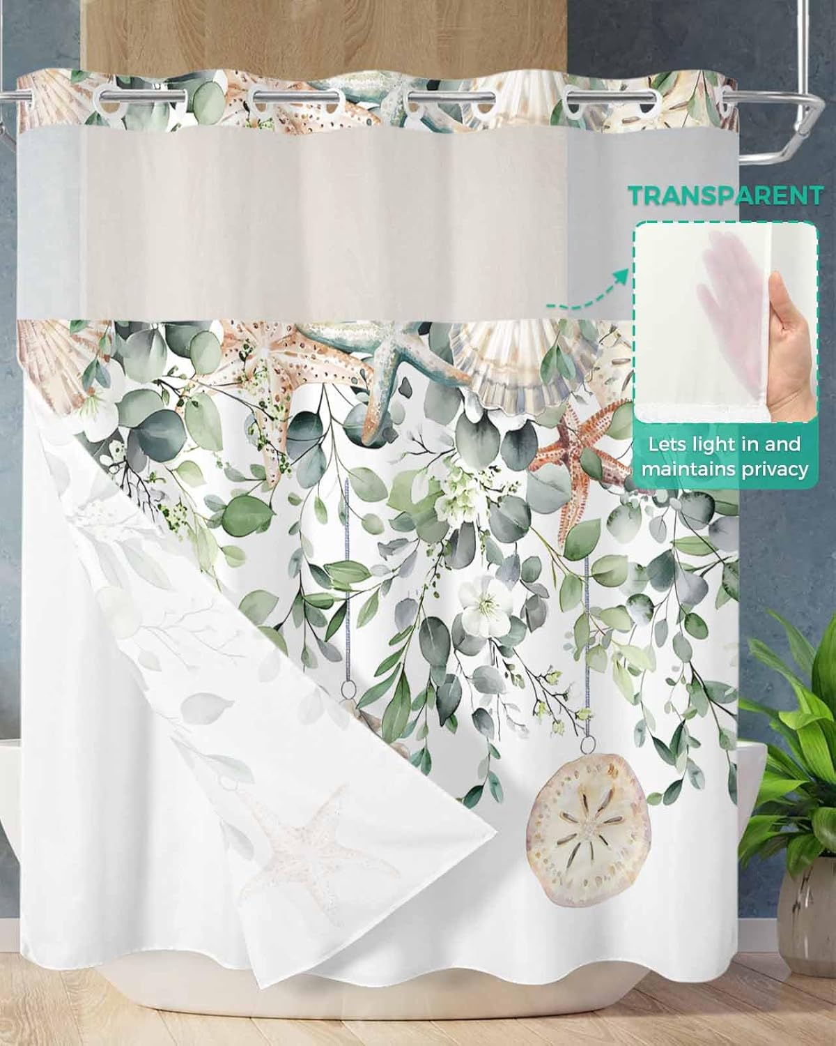 Double Fabric Shower Curtain with Liner Eucalyptus Leaf No Hook Shower Curtain and Liner Set for Bathroom,Snap-in Waterproof Inner Shower Curtain with See Through Window, 72x78, Summer Plant Green