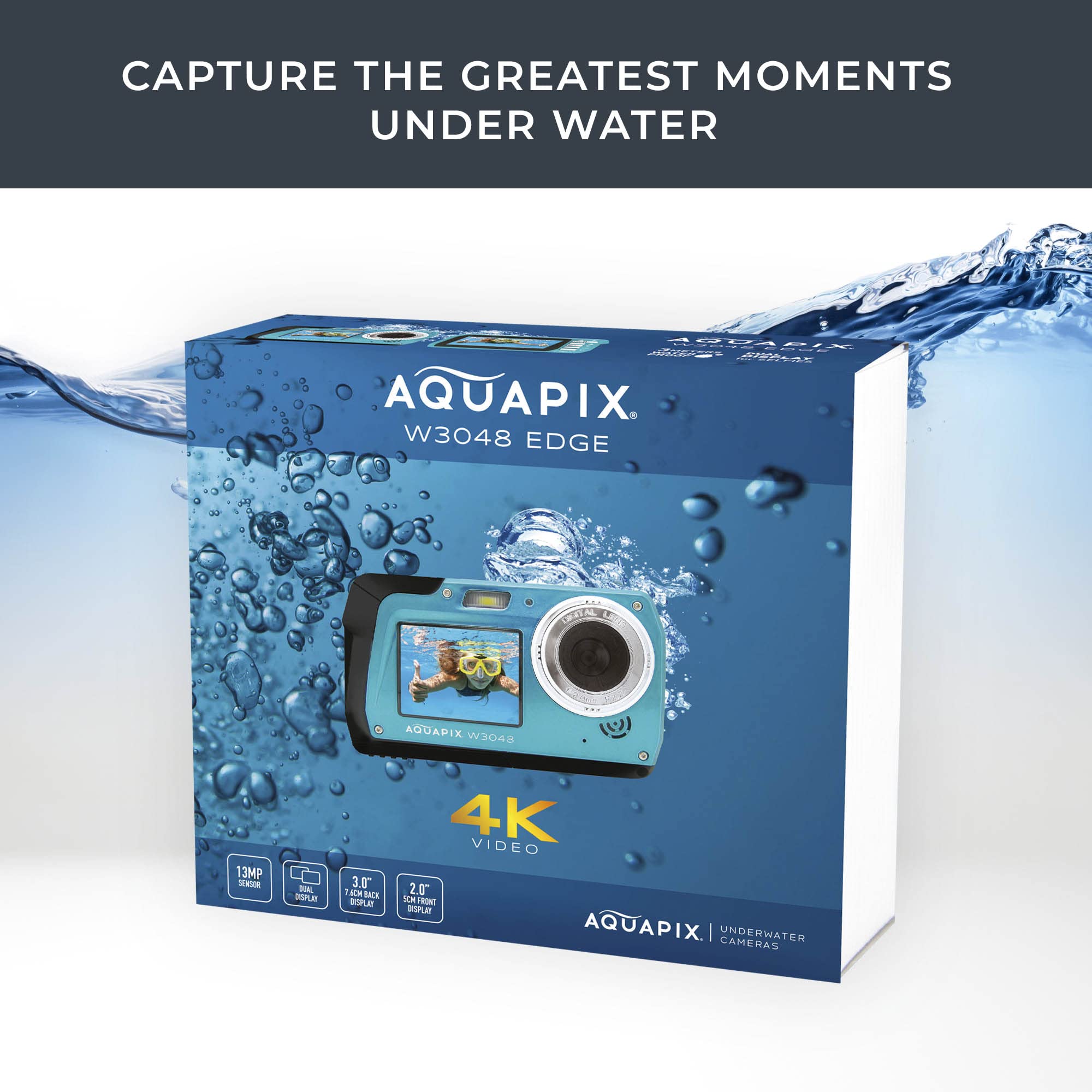Easypix W3048 Edge Iceblue - Cámara Sumergible, 48MP Doble Pantalla