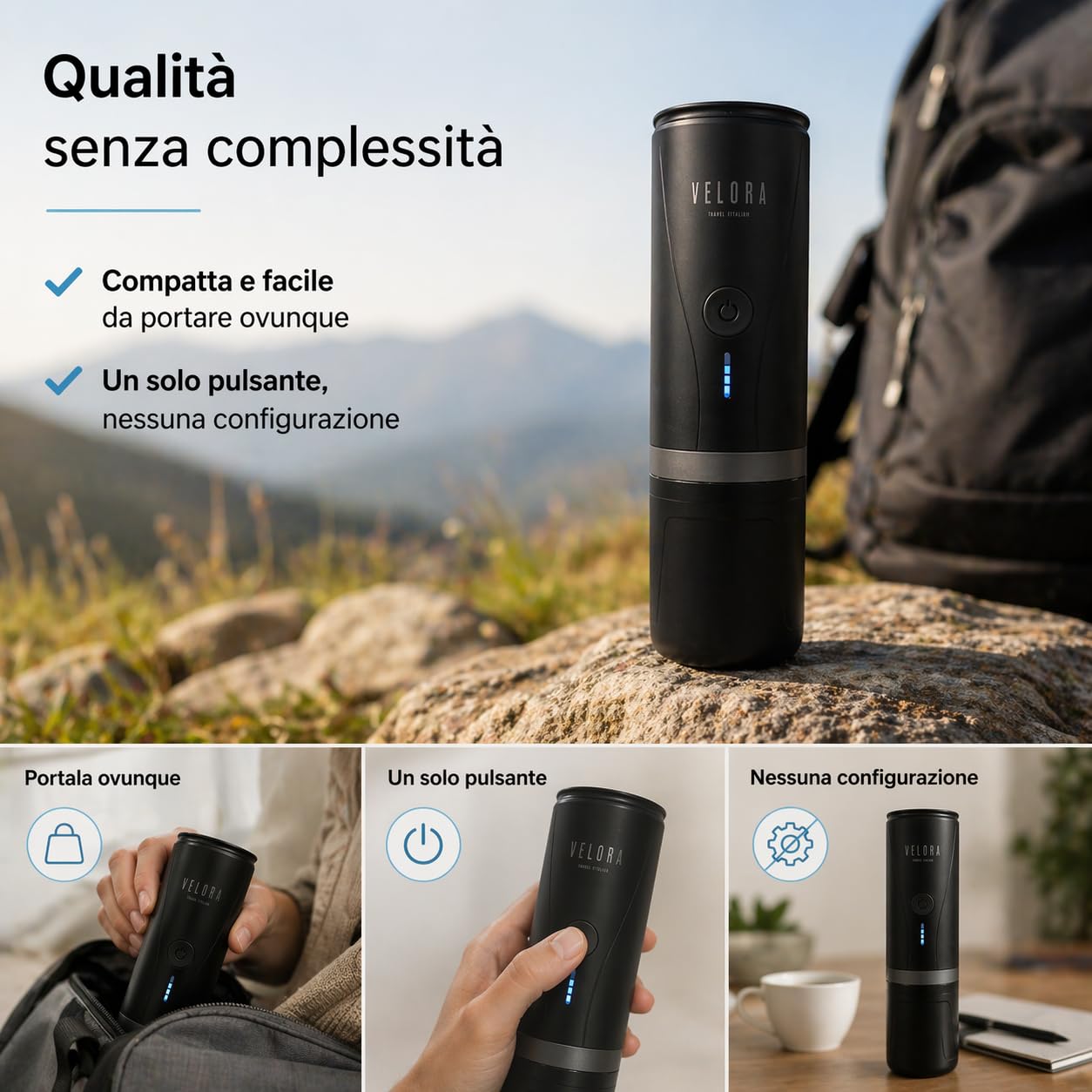 Generico VeloraTravelRitual Macchina Caffè Portatile – Espresso Ovunque, Compatibile Capsule e Macinato, Ricarica USB, Ideale per Auto, Viaggi, Camper e Outdoor