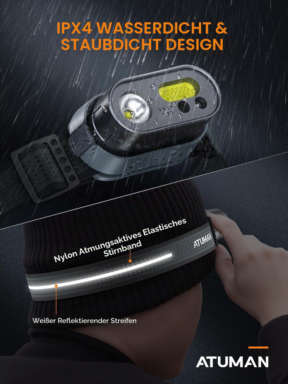 ATuMan MH1 Stirnlampe LED Wiederaufladbar, Kopflampe Stirnlampe 1 Stück Superhell mit 8 Lichtmodi Weißes & Rotes Licht Stirnlampen mit Sensor IPX4 Wasserdicht für Camping/Wandern/Joggen/Angeln