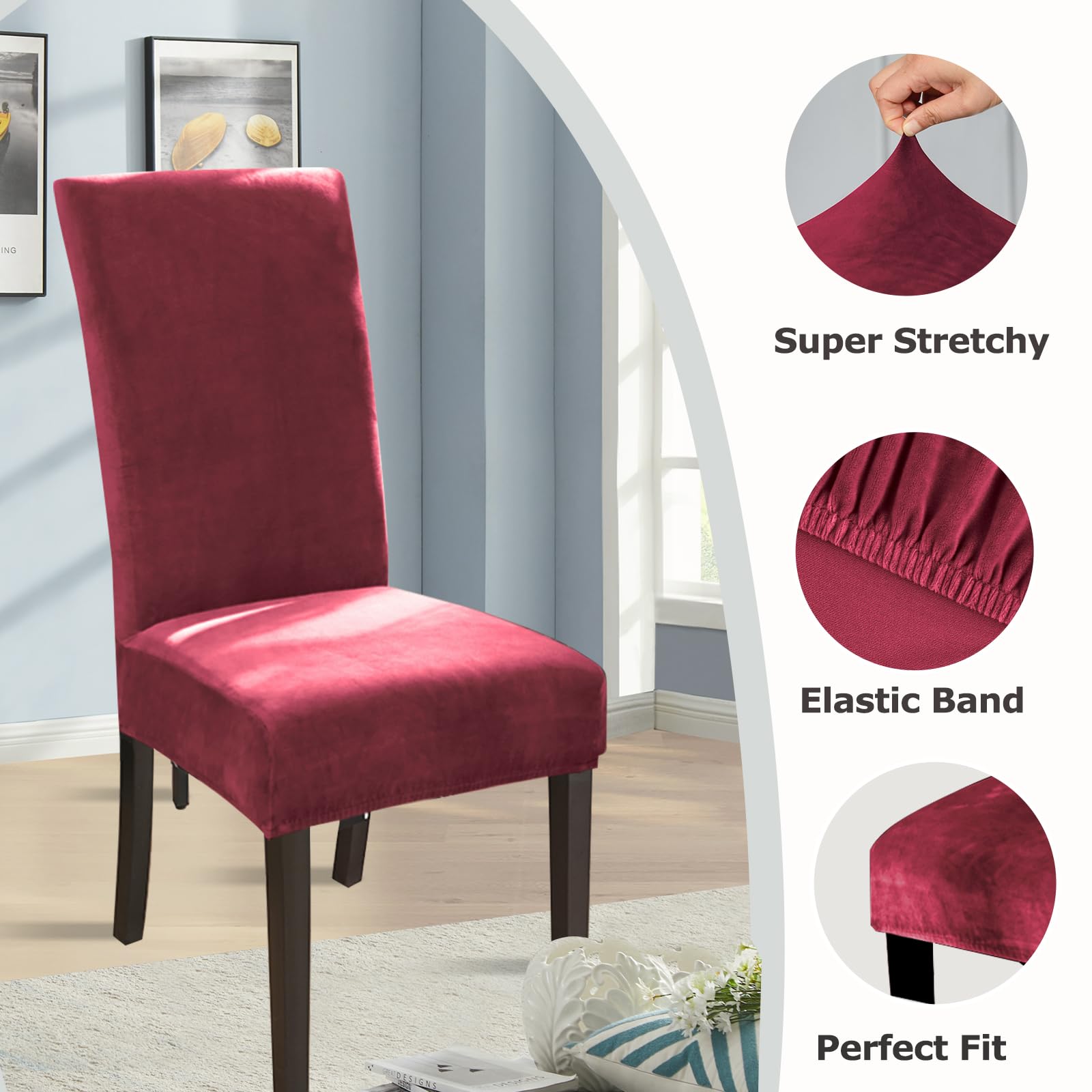 Alishomtll Dining Chair Covers Set of 4 Stretch Velvet Chair Covers for Dining Chairs Elastic Removable Chair Slipcovers Reusable Washable Chair Protector for Hotel Banquet Ceremony (Wine Red - Image 3