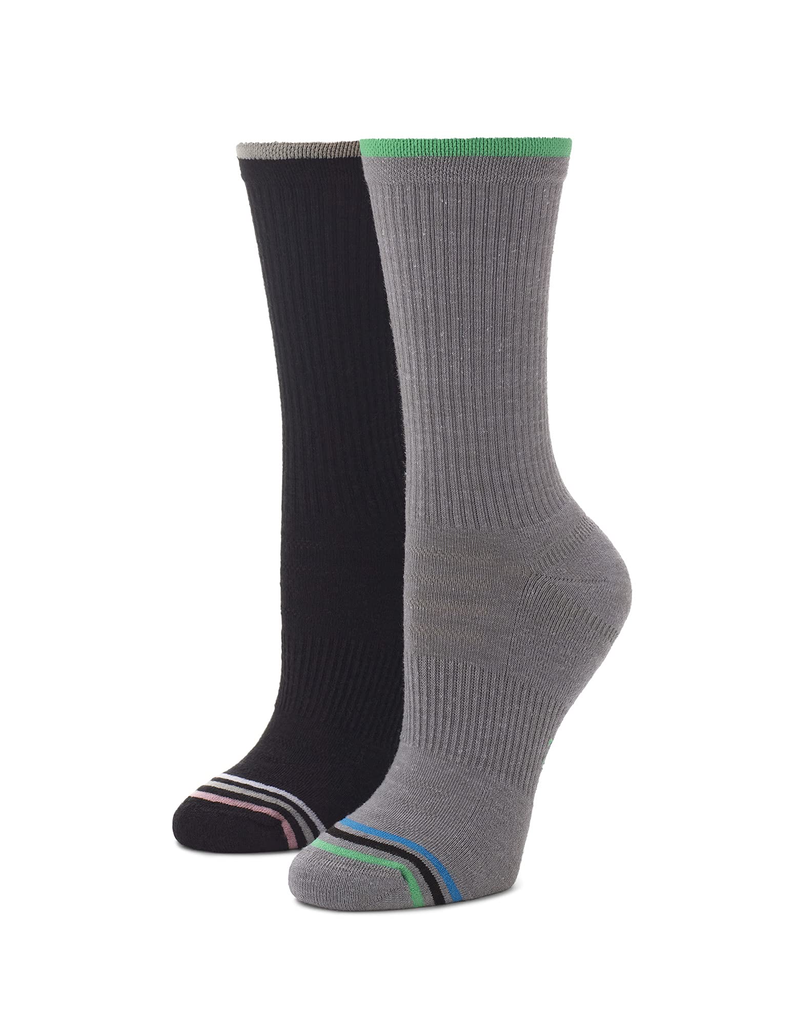 HUE Women's Eco Sport Crew Sock, Hiking Light Heather Grey/Black-2 Pair Pack, One Size