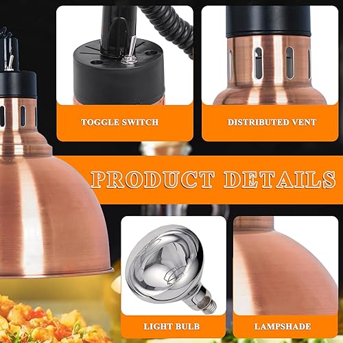 Miniatura 10 de JIAWANSHUN Lámpara de calor retráctil para alimentos con bombilla de calefacción de 250 W para restaurante colgante de alimentos, lámpara de buffet