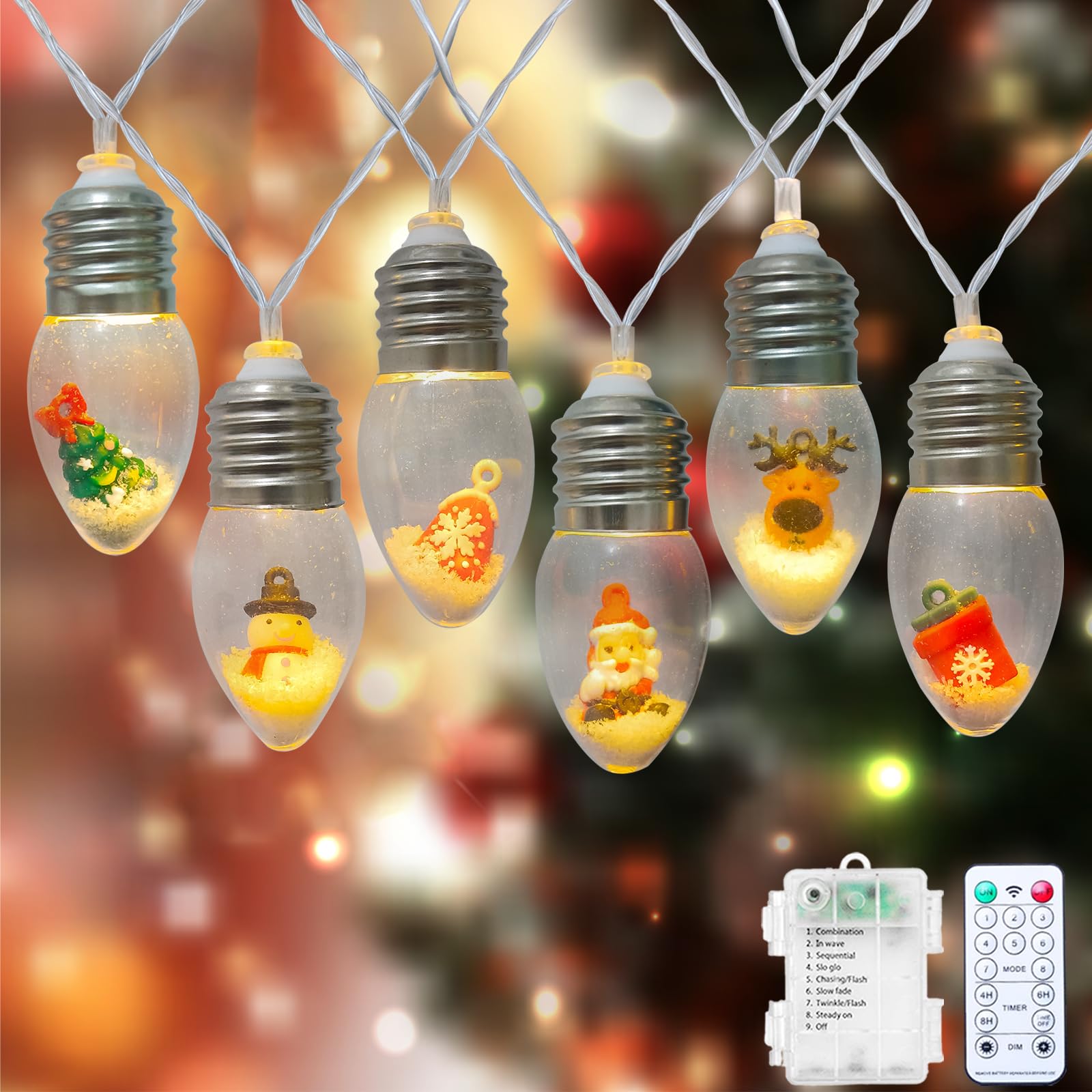 Wxuean Christmas Lights Indoor 8Ft 12 LED Snow Globe Christmas Lights Battery Operated with Timer, Warm White Vintage Xmas Light for Tree Bedroom