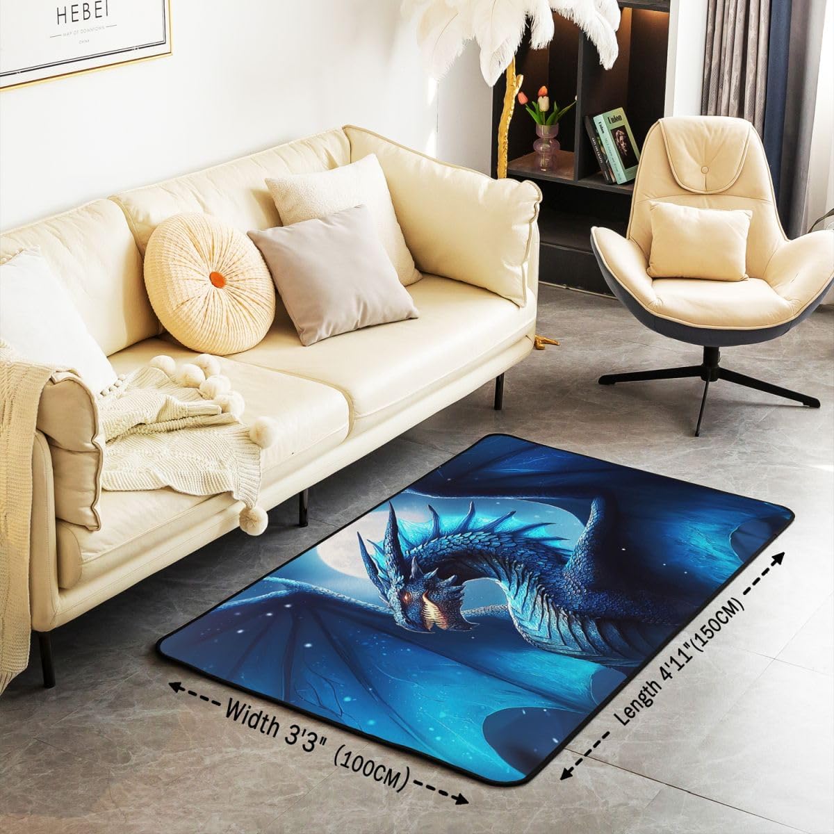 Erosebridal Lightning Dragon Area Rug 3x5 Magical Animal Rug for Kids Boys Fantasy Mysterious Wildlife Carpet Cartoon Starry Sky Blue Moon Non Slip Decorative Rug for Bedside
