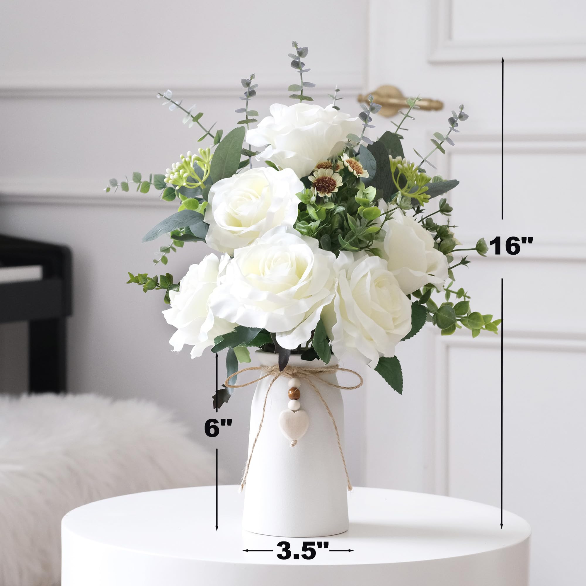 Artificial Rose Flower Arrangements in Ceramic Vase, 16" Faux Dahlia Flowers with Eucalyptus Stems and Decorative Leaves - Image 2