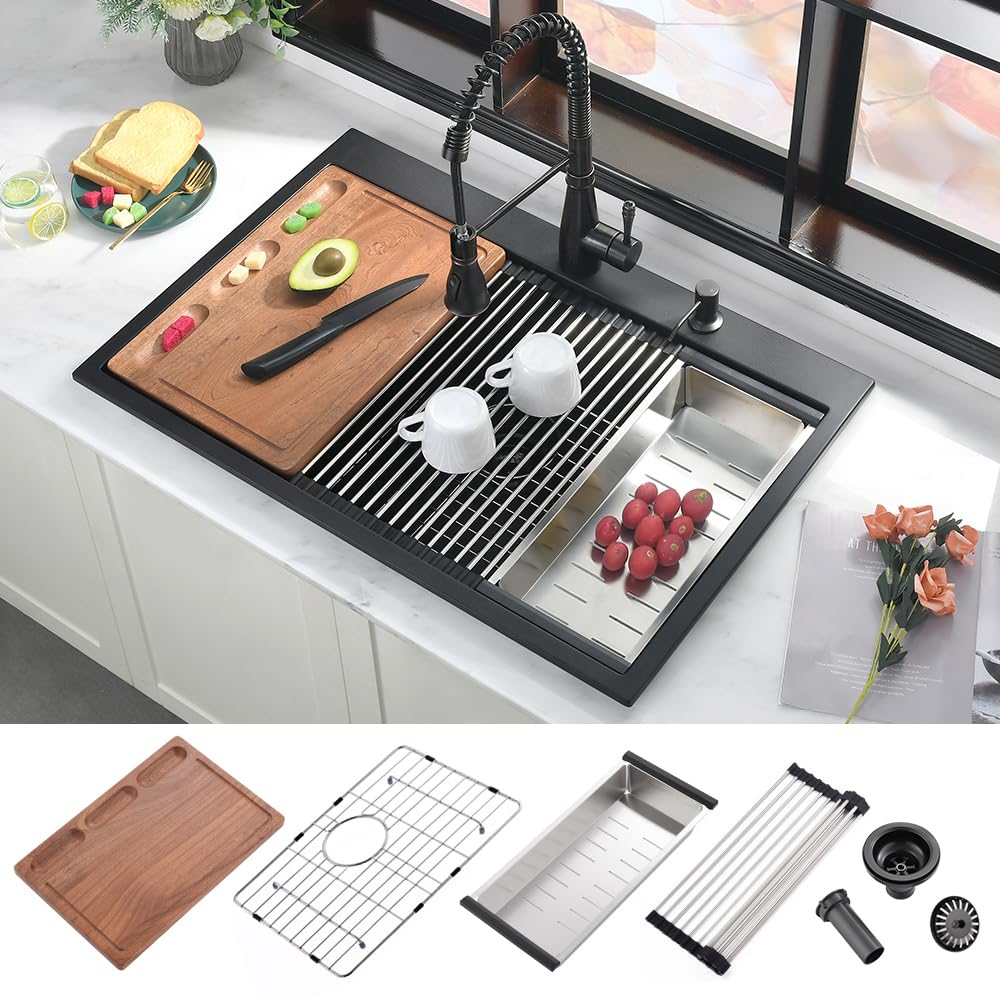 33 Black Kitchen Sink Drop In Workstation-iAnomla 33x19 Drop In Kitchen Sink Black Quartz Composite Kitchen Sink Drop In Workstation Sink Single Bowl Deep Kitchen Sink with Cutting Board