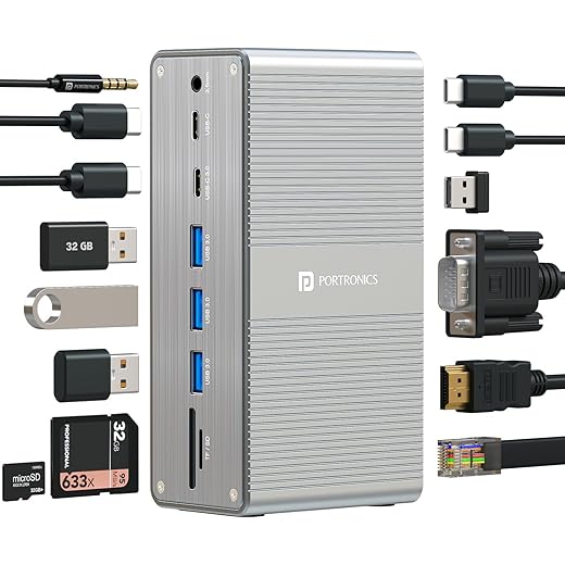 Portronics Mport Vault 13-in-1 USB-C Metal Docking Station, 100W PD Charging, 4K@30Hz HDMI, 1080P VGA, 4× USB 3.0, Gigabit Ethernet, SD/microSD 3.0, USB-C 3.0 & 2.0, 3.5mm Aux, for Windows & macOS