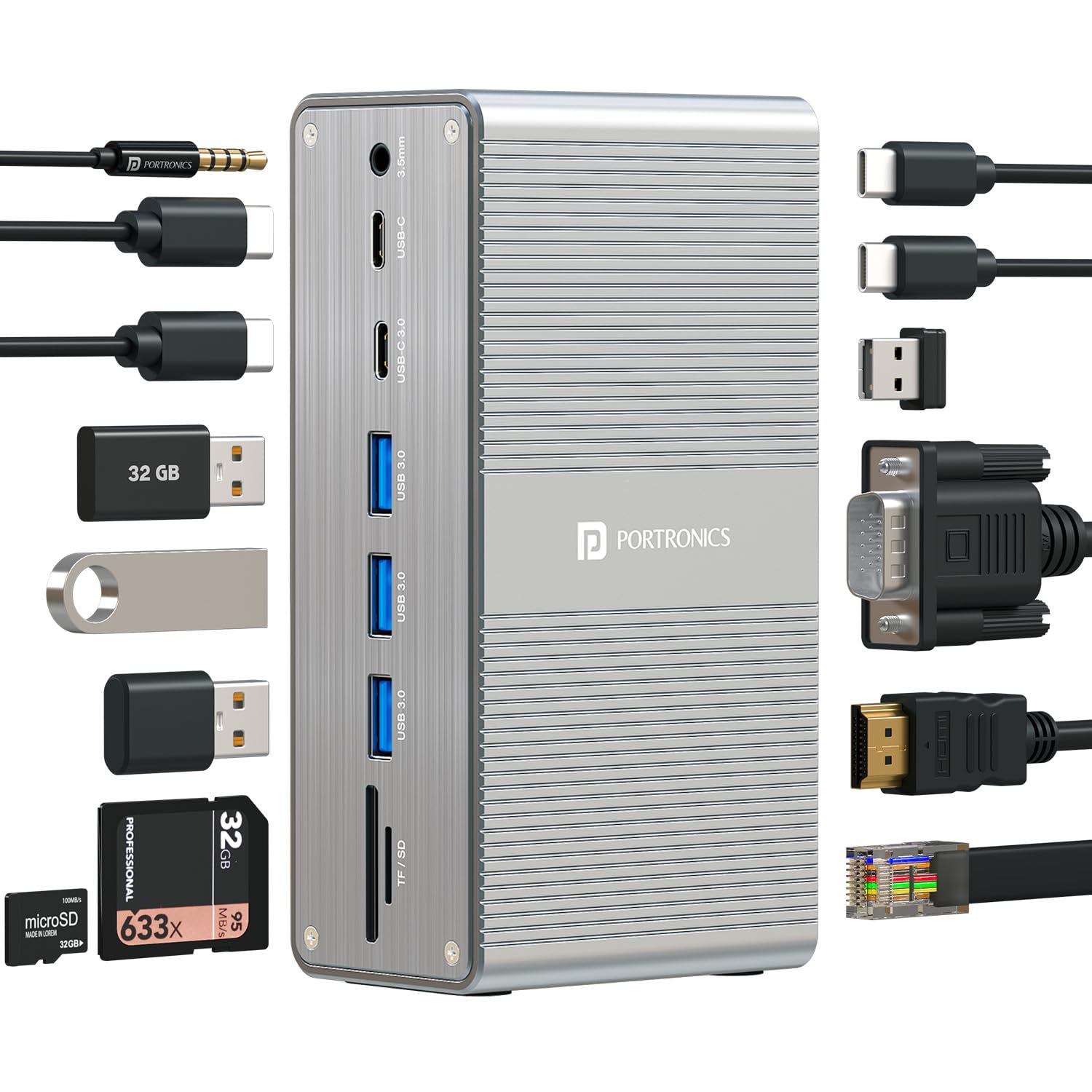 Portronics Mport Vault 13-in-1 USB-C Metal Docking Station, 100W PD Charging, 4K@30Hz HDMI, 1080P VGA, 4× USB 3.0, Gigabit Ethernet, SD/microSD 3.0, USB-C 3.0 & 2.0, 3.5mm Aux, for Windows & macOS-image-25
