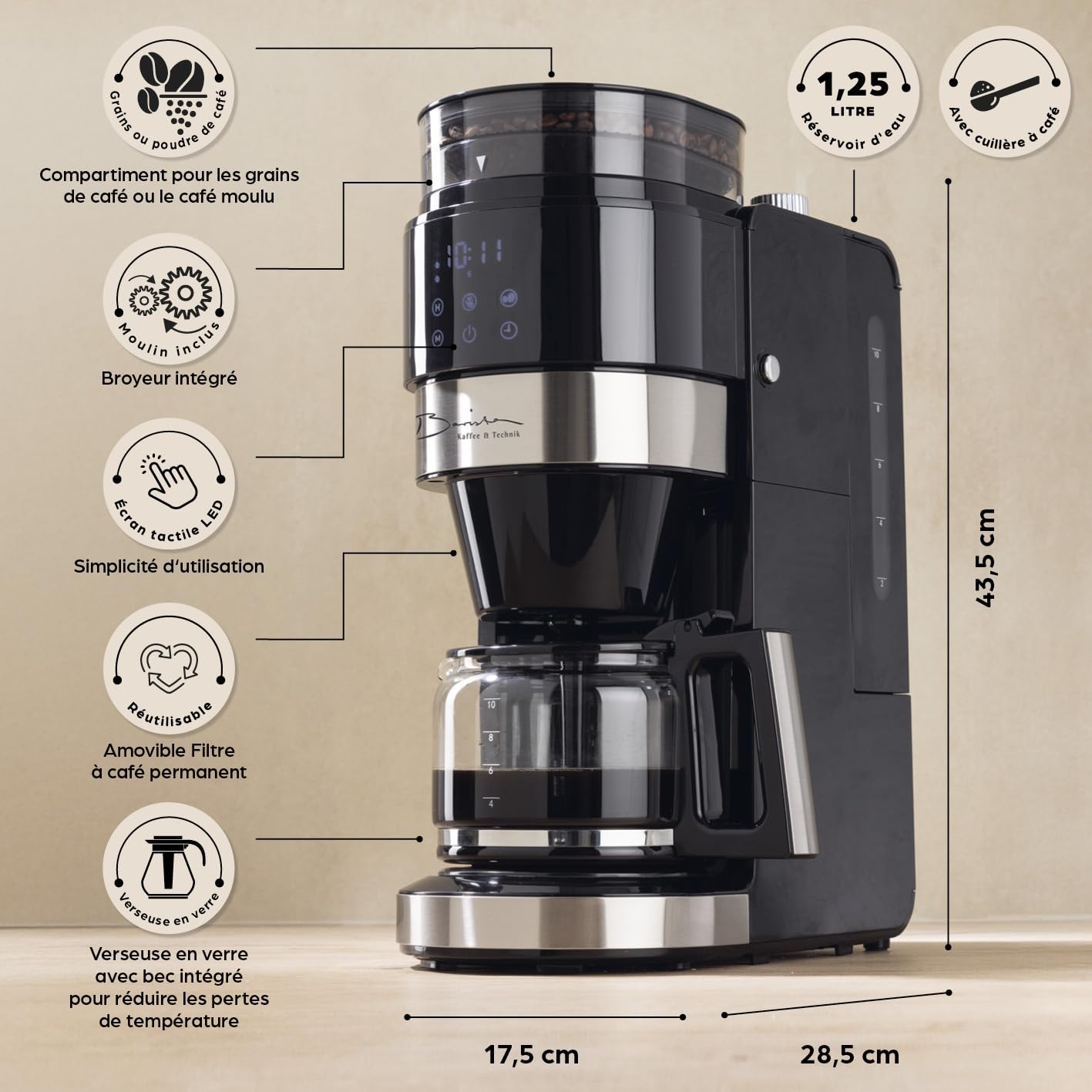 Barista Machine à café avec broyeur, cafetière à filtre avec verseuse en verre | machine à filtre de 900 W avec écran tactile et fonction minuterie jusqu'à 10 tasses | cafetière à café de 1,25 l