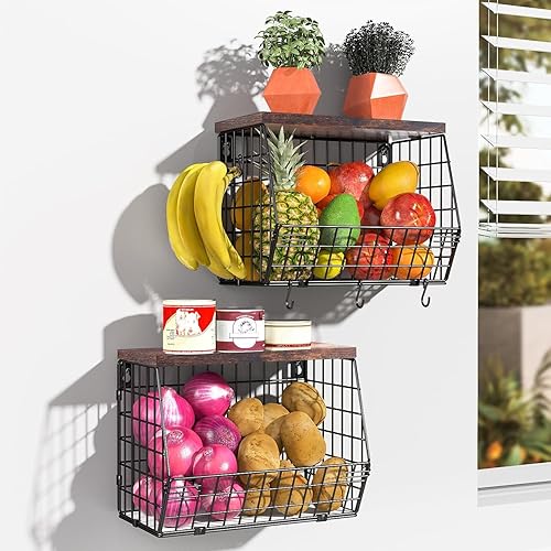 Miniatura 2 de 2 Tier Fruit Bowl Fruit Basket for Kitchen Counter Stackable Wall Mounted Hanging Basket Wire Baskets with Wood Lid with 4 Banana Hanger Hooks,
