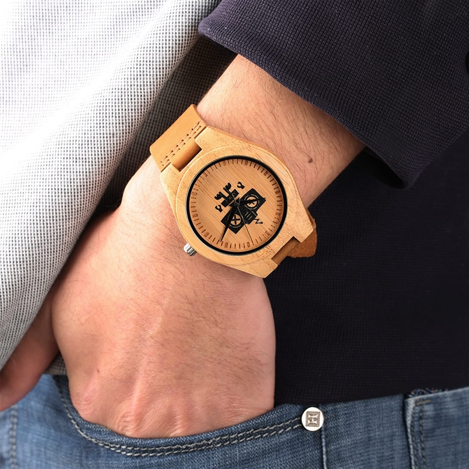 Carino Black Robot Design Design Mens Orologi di Legno Naturale analogico Semplice Orologio da Polso al Quarzo Orologio in Legno Orologio for Gli Uomini Uomo Orologi da Polso