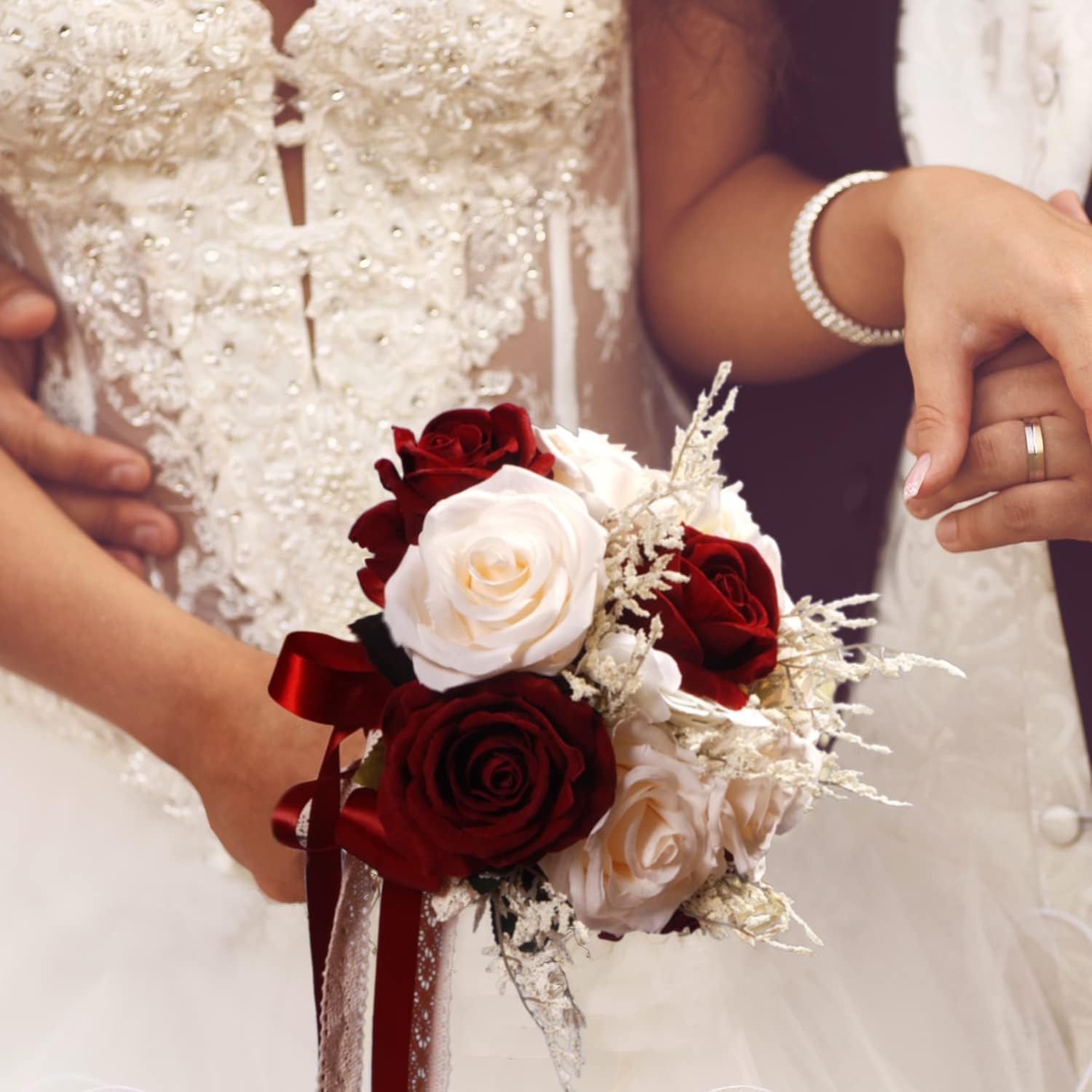 Wedding Bouquets for Bride, Champagne White & Burgundy Bridal Bridesmaid Wedding Flowers, Artificial Toss Rose for Civil Ceremony (Hollow Lace Ribbon Handle) - Image 4