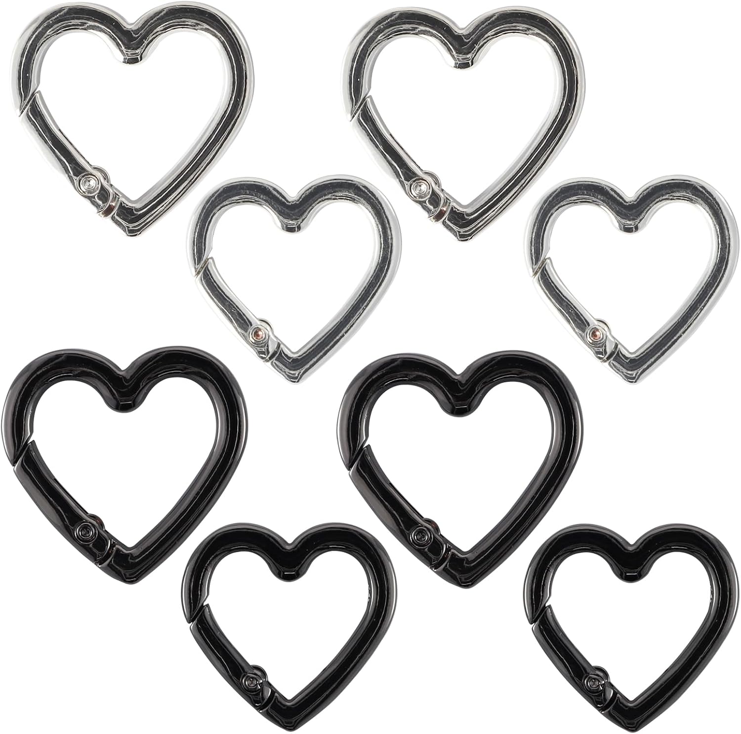 8 PCS Heart Carabiner,Heart Keychain Clip,Cute Carabiner Clip,Zinc Alloy Heavy Duty Heart Shaped Carabiner,Suitable for Camping,Hiking,Fishing Trips (Bright Silver + Gun Black)