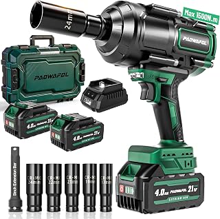 PAOWAFOL 1500N.m Brushless Impact Wrench 1/2" Cordless - 1106ft-lbs High Torque Gun, 21V 2x4.0Ah Batteries, Fast Charger, 5 Sockets for Tires & Trucks