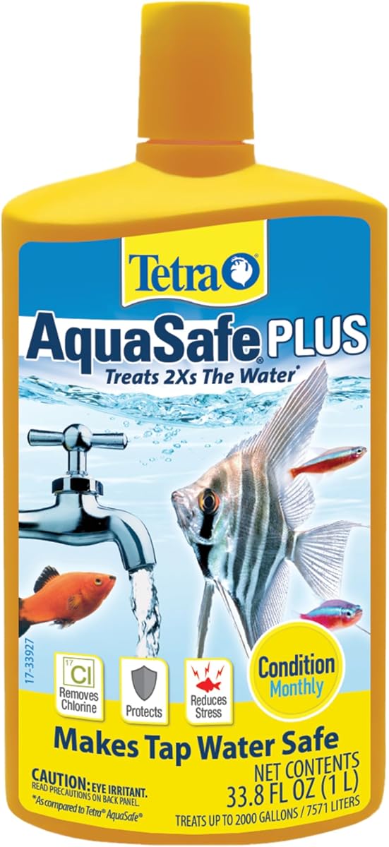 Tetra AquaSafe Plus Acondicionador de agua y declorador para acuario, 33,8 oz | Trata el doble del agua que AquaSafe estándar, hace que el agua del grifo sea segura, reduce el estrés de los peces, elimina el cloro, se usa mensualmente