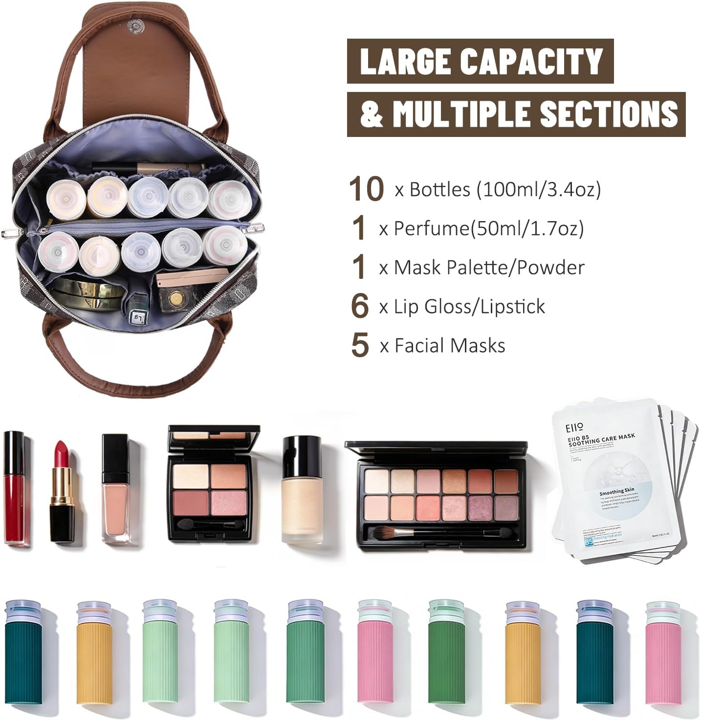 BOYATU Checkered Makeup Bag Organizer: Large Travel Cosmetic Bag Holds 10+ 100ml Full-Size Bottles for Dates & Trips - Portable Waterproof Leather Toiletry Pouch 3-sec Touch-up for Chic Woman(Coffee)
