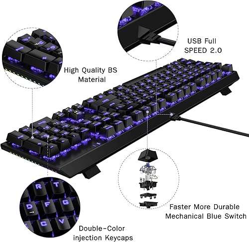 Miniatura 6 de GOFREETECH - Teclado mecánico de PC con cable RGB retroiluminado azul LED resistente a derrames sensación mecánica ergonómica de 104 teclas