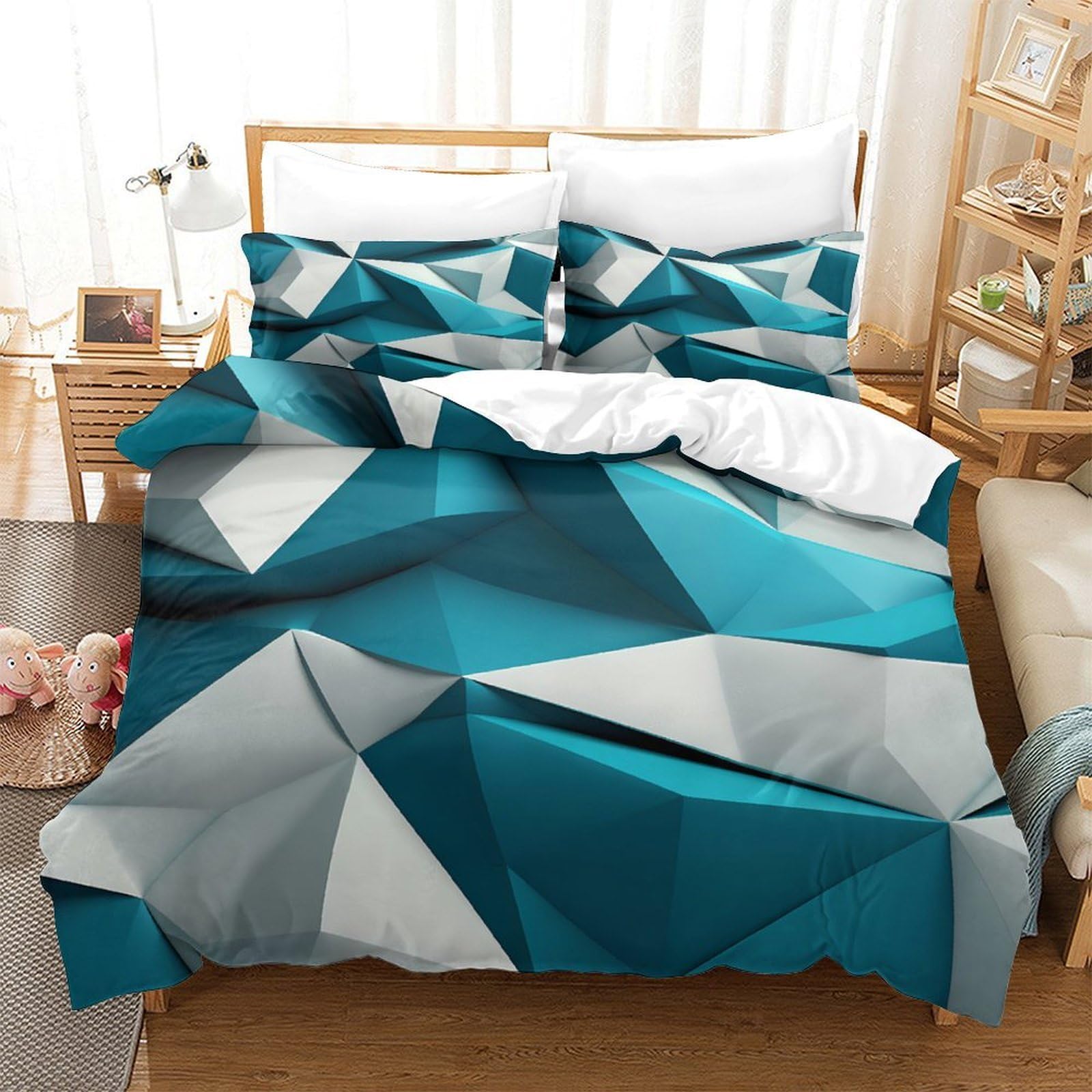 Geométrico Abstracto 3D Impresión Funda de edredón 3pz Microfibra Transpirable Diseño Moderno Azul y Blanco Edredón Funda 2 Fundas Cremallera Niños Adolescentes King（220x240cm）