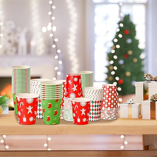Miniatura 3 de Umigy 100 vasos de papel de Navidad desechables a granel, 9 onzas, chocolate caliente, café, árbol de Navidad, copos de nieve, vasos a cuadros para