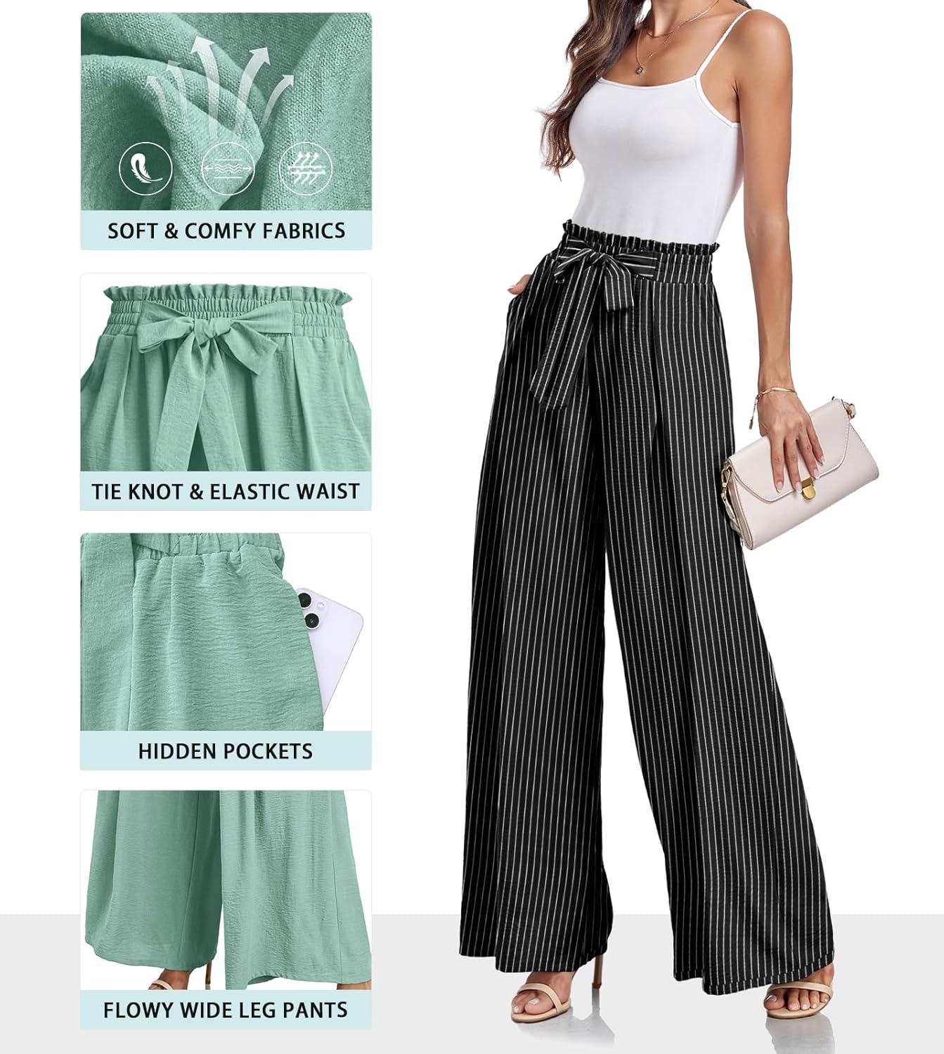 Lepunuo Wide Leg Pants for Women High Waisted Palazzo Pants Work Casual Flowy Tie Knot Trousers with Pockets - Image 3