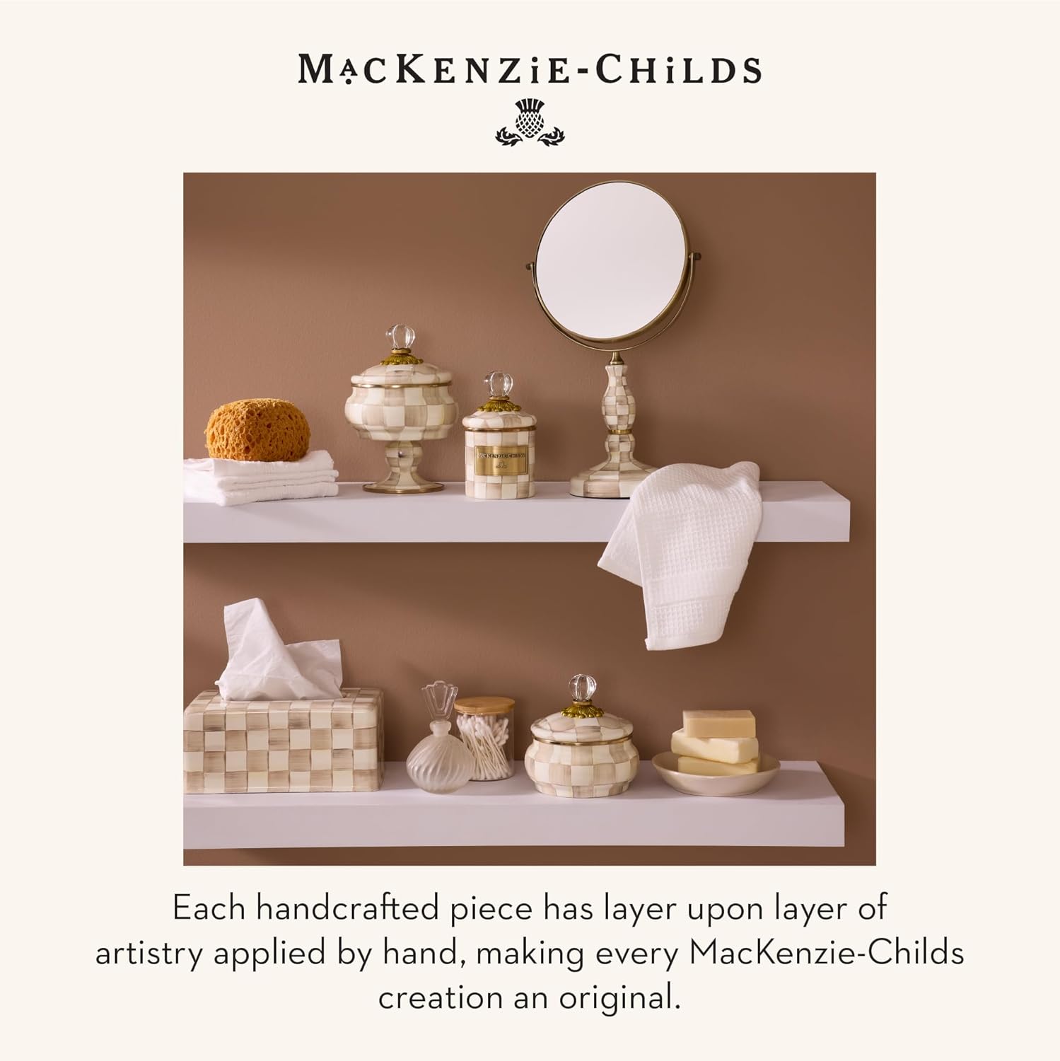 MacKenzie-Childs Standard Enamel Tissue Box Cover, Boutique Bathroom Decor, Brown-and-White Mocha Check