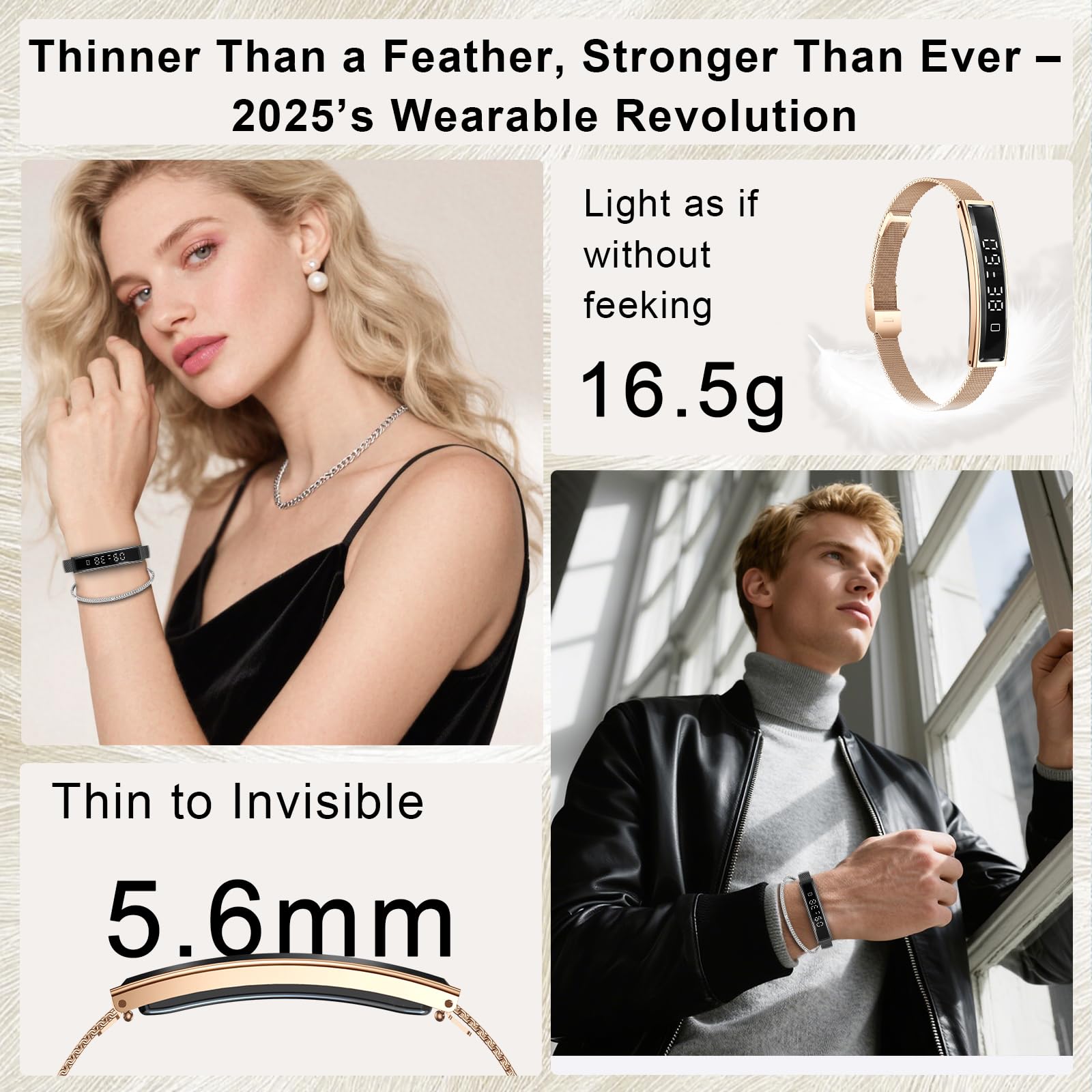 Smartwatch Damen Herren Schmal,16.5g Smart Band Fitness-Tracker mit 12 Sportmodi,Pulsuhr SpO2 Schlafmonitor Schrittzähler,Anruferinnerung,Kein Abo erforderlich,Smart Watches für Android iOS