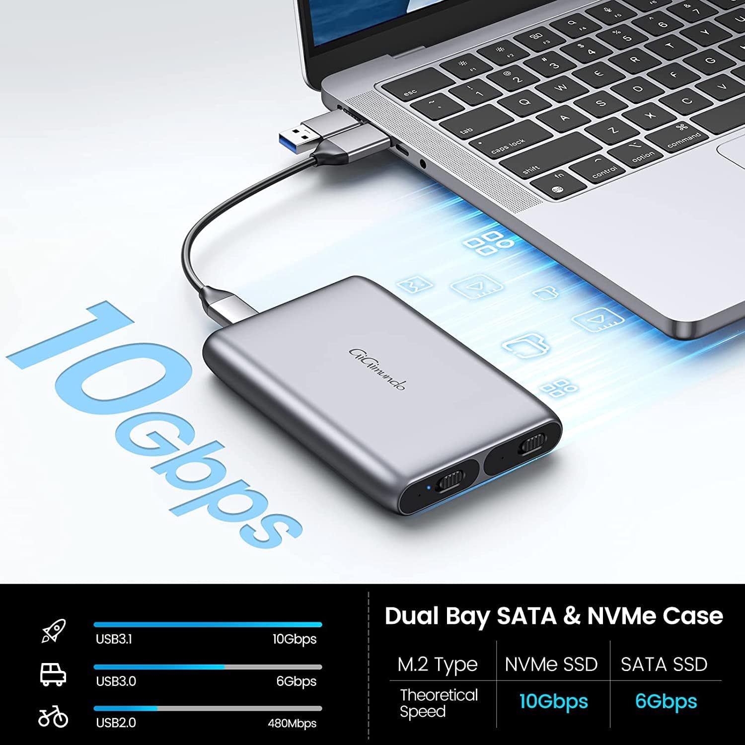 Gigimundo Two Bay M.2 SSD Enclosure Heavy Duty - 1xNVMe 10Gbps (M Key) & 1xNGFF SATA 6Gbps (B/M&B Key) with UASP Support, Sleek Aluminum, Tool-Free Caddy for 2280/2260/2242/2230, Grey