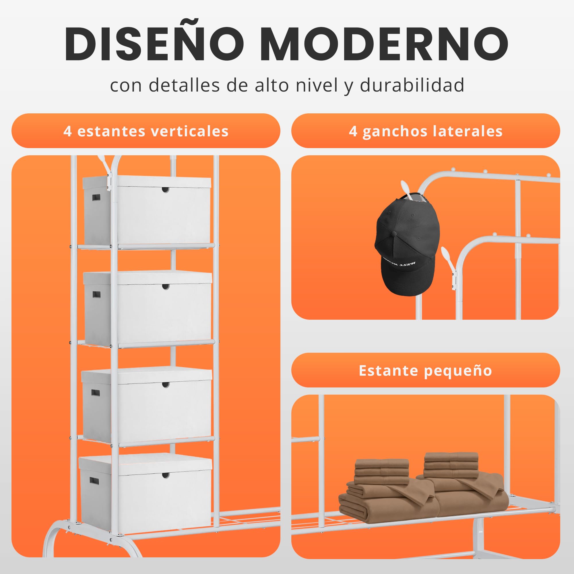 JUPPLIES Burro Ropa Resistente – Perchero Burro Doble con Soporte (Blanco, Con Ruedas y Estantes) — view 6